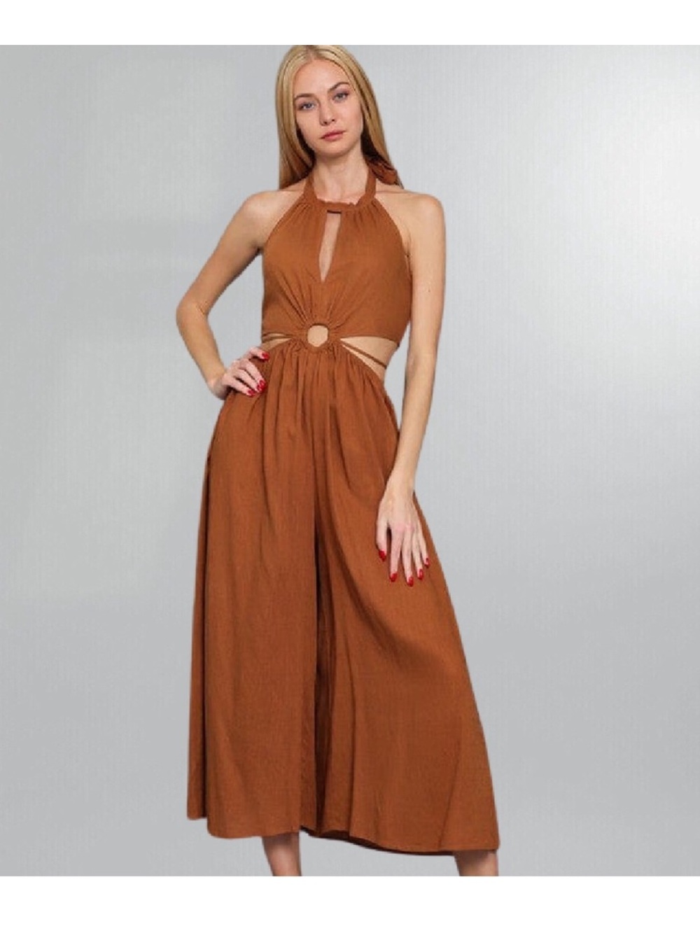 Women’s Cutout Halter Jumpsuit in Rust